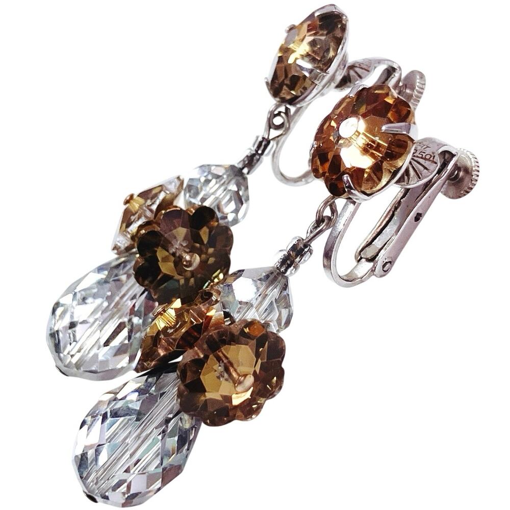VTG Signed Vendome Mid Century Earrings Crystal Dangling Drop Clip On Sparkling